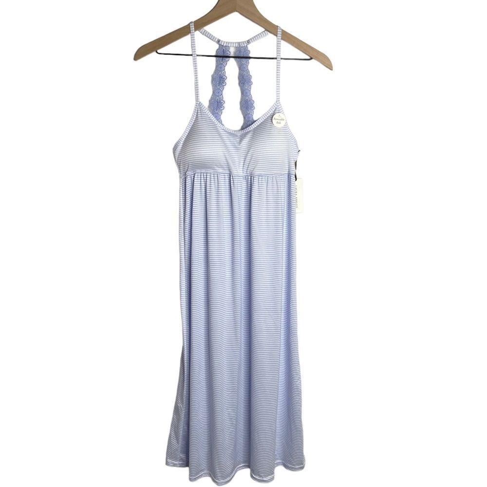 NWT Laura Ashley Nightgown Striped Small White Blue Periwinkle Lace Soft